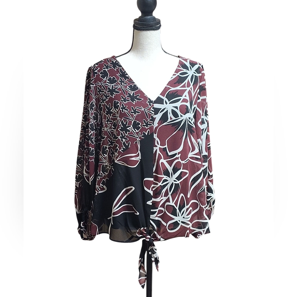 Alfani NWOT Women's Geometric Floral Tie-Front Blouse Size Medium